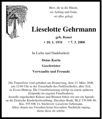 Traueranzeige von Lieselotte Gehrmann von Tageszeitung