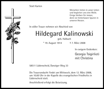 Traueranzeige von Hildegard Kalinowski von Tageszeitung