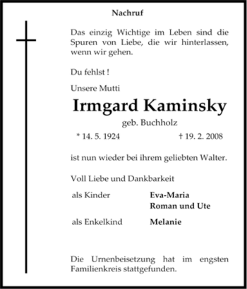 Traueranzeige von Irmgard Kaminsky von Tageszeitung