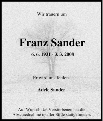 Traueranzeige von Franz Sander von Tageszeitung