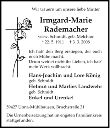 Traueranzeige von Irmgard-Marie Rademacher von Tageszeitung