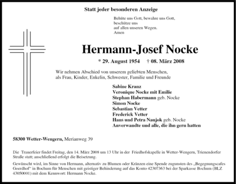  Traueranzeige für Hermann-Josef Nocke vom 12.03.2008 aus Tageszeitung