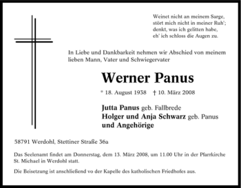 Traueranzeige von Werner Panus von Tageszeitung