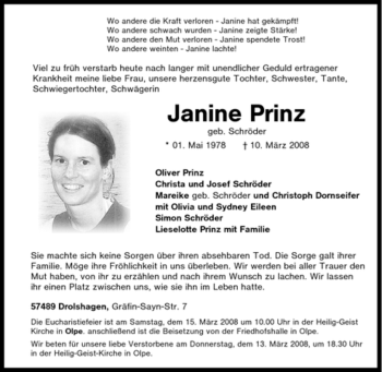 Traueranzeige von Janine Prinz von Tageszeitung