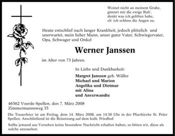 Traueranzeige von Werner Janssen von Tageszeitung