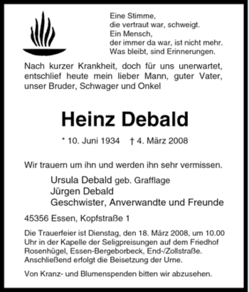 Traueranzeige von Heinz Debald von Tageszeitung