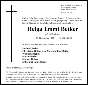 Traueranzeige von Helga Emmi Betker von Tageszeitung