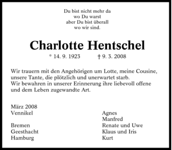 Traueranzeige von Charlotte Hentschel von Tageszeitung