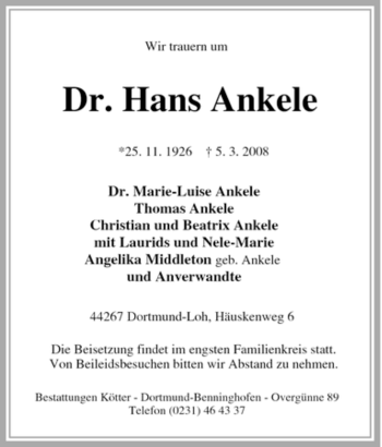 Traueranzeige von Hans Ankele von Tageszeitung