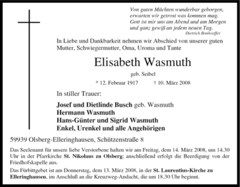 Traueranzeige von Elisabeth Wasmuth von Tageszeitung