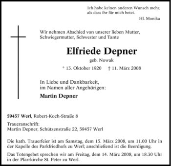 Traueranzeige von Elfriede Depner von Tageszeitung