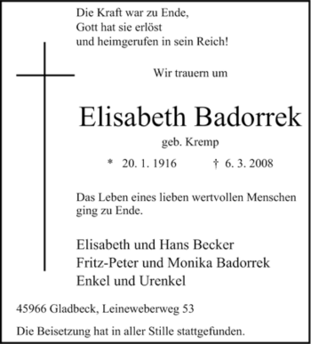 Traueranzeige von Elisabeth Badorrek von Tageszeitung