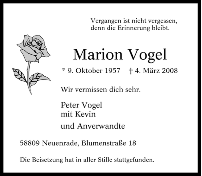 Traueranzeigen Von Marion Vogel | Trauer-in-NRW.de