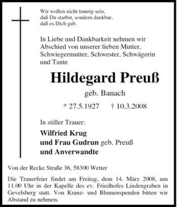 Traueranzeige von Hildegard Preuß von Tageszeitung