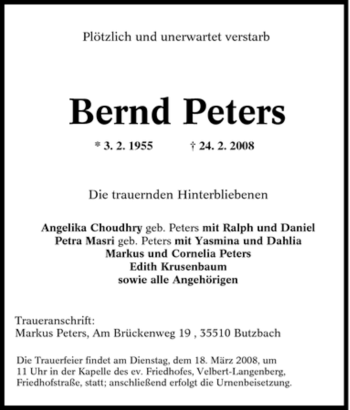Traueranzeige von Bernd Peters von Tageszeitung