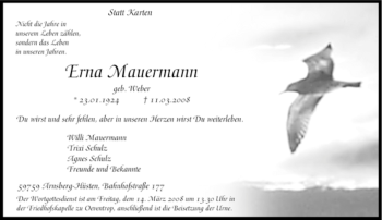 Traueranzeige von Erna Mauermann von Tageszeitung