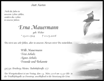 Traueranzeige von Erna Mauermann von Tageszeitung