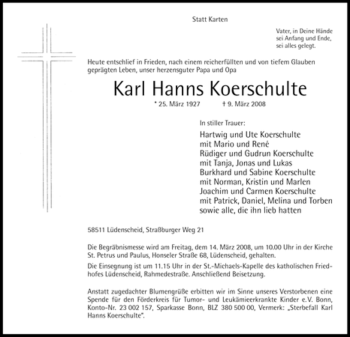 Traueranzeige von Karl Hanns Koerschulte von Tageszeitung
