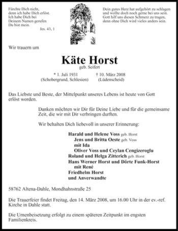Traueranzeige von Käte Horst von Tageszeitung
