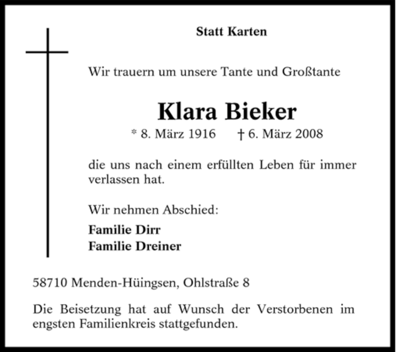  Traueranzeige für Klara Bieker vom 13.03.2008 aus Tageszeitung