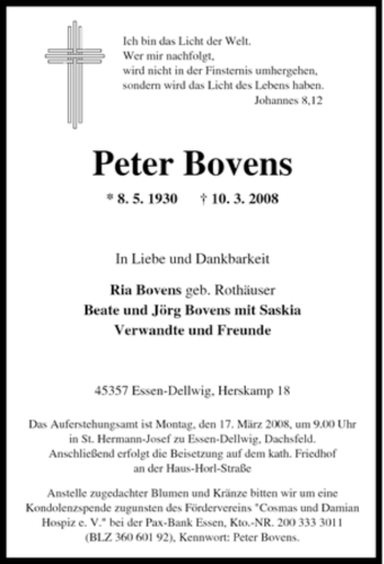 Traueranzeige von Peter Bovens von Tageszeitung