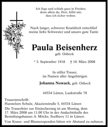 Traueranzeige von Paula Beisenherz von Tageszeitung