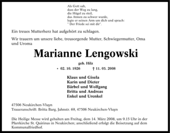 Traueranzeige von Marianne Lengowski von Tageszeitung