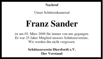 Traueranzeige von Franz Sander von Tageszeitung