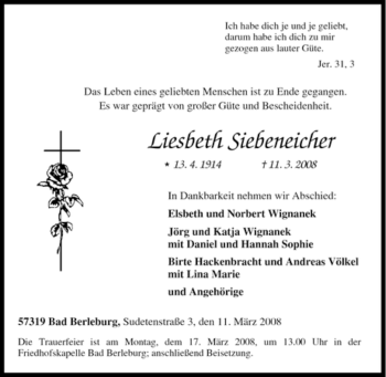 Traueranzeige von Liesbeth Siebeneicher von Tageszeitung