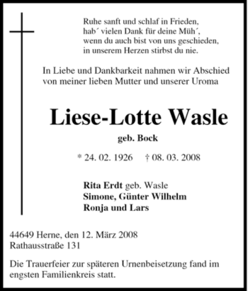 Traueranzeige von Liese-Lotte Wasle von Tageszeitung