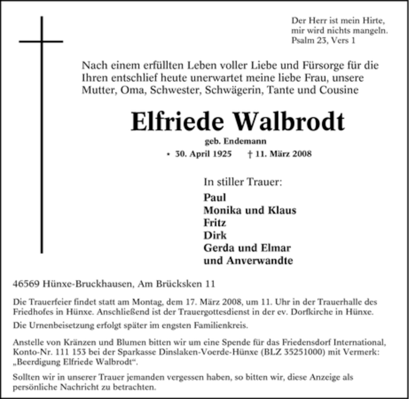  Traueranzeige für Elfriede Walbrodt vom 13.03.2008 aus Tageszeitung