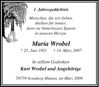 Traueranzeige von Maria Wrobel von Tageszeitung