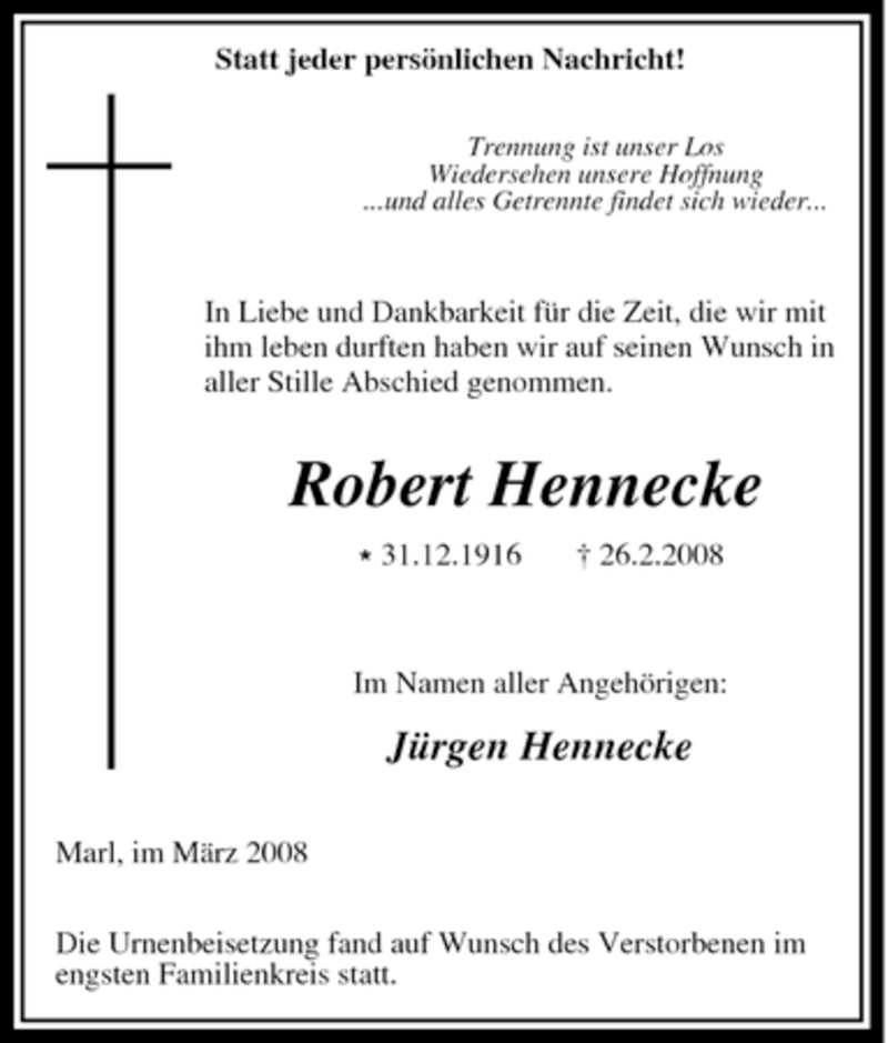  Traueranzeige für Robert Hennecke vom 14.03.2008 aus Tageszeitung