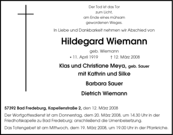 Traueranzeige von Hildegard Wiemann von Tageszeitung