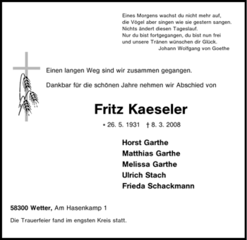 Traueranzeige von Fritz Kaeseler von Tageszeitung
