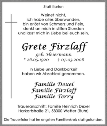 Traueranzeige von Grete Firzlaff von Tageszeitung