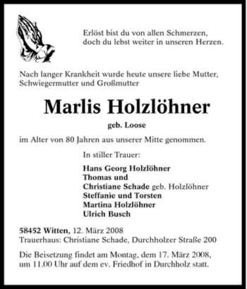 Traueranzeige von Marlis Holzlöhner von Tageszeitung