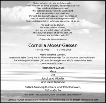 Traueranzeige von Cornelia Moser-Gassen von Tageszeitung