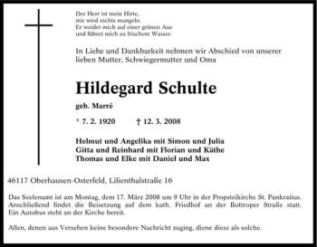 Traueranzeige von Hildegard Schulte von Tageszeitung