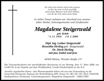 Traueranzeige von Magdalene Steigerwald von Tageszeitung