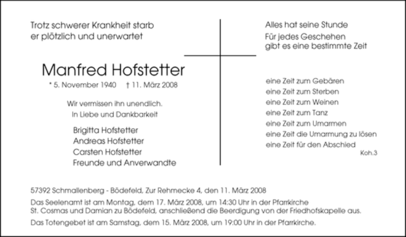  Traueranzeige für Manfred Hofstetter vom 14.03.2008 aus Tageszeitung