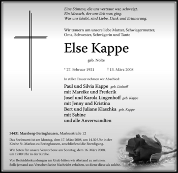 Traueranzeige von Else Kappe von Tageszeitung