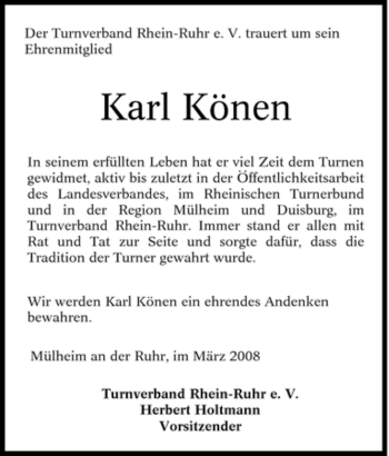 Traueranzeige von Karl Könen von Tageszeitung