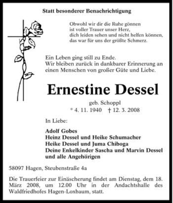 Traueranzeige von Ernestine Dessel von Tageszeitung