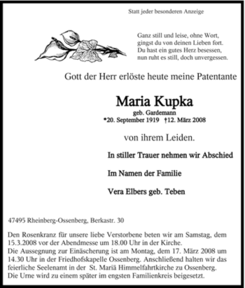 Traueranzeige von Maria Kupka von Tageszeitung