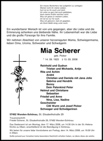 Traueranzeige von Mia Scherer von Tageszeitung