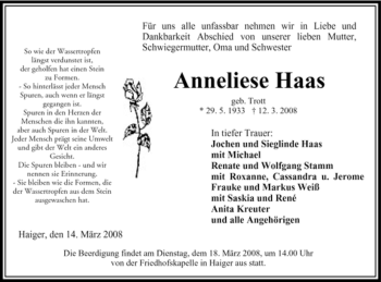 Traueranzeige von Anneliese Haas von Tageszeitung