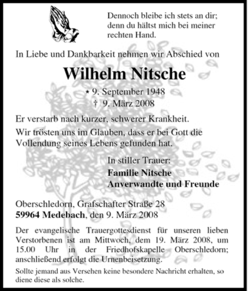  Traueranzeige für Wilhelm Nitsche vom 15.03.2008 aus Tageszeitung