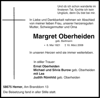 Traueranzeige von Margret Oberheiden von Tageszeitung