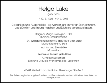 Traueranzeige von Helga Lüke von Tageszeitung